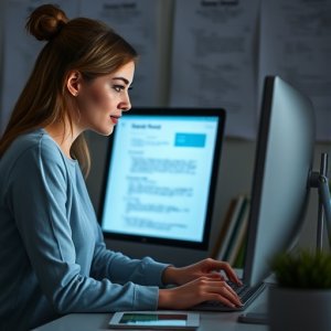 A woman sits at a desk using a desktop computer, with documents pinned to the wall and a tablet resting beside her keyboard.