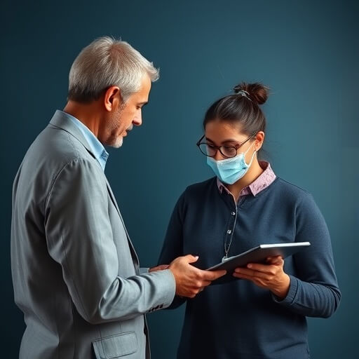 airbrush-image A man in a suit and a woman in a mask and glasses stand together, looking at a tablet device against a plain dark background.