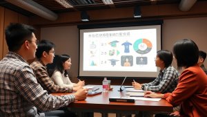 Five people sit at a conference table, attentively facing a screen displaying charts and icons during a presentation in a modern meeting room.