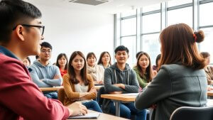A group of students sits at desks in a bright classroom, attentively listening to a tutor at the front of the room.