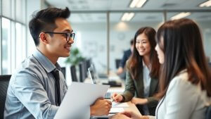 Three young professionals sit at a desk in a modern office, engaged in a discussion with documents and laptops visible on the table.