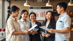 Five young professionals stand in an office, smiling and holding documents, with a sales chart displayed on a monitor in the background.