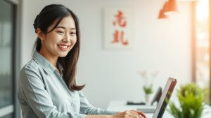 Woman in a light grey shirt smiles while working on a laptop at a desk in a bright office, with plants and framed Asian calligraphy on the wall.