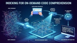 A diagram shows how code is indexed and processed by AI to deliver on-demand explanations for developer queries using context retrieval and a vector database.