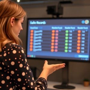 A woman gestures towards a computer monitor displaying a table of sales records with colour-coded statuses in an office setting.