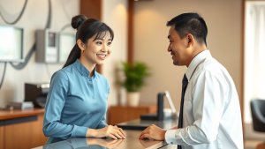 A woman in a blue uniform smiles at a man in a white shirt as they talk across a reception desk in a modern office setting.