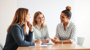 Three women sit at a table having a discussion, with one woman taking notes on a notepad. They appear to be in a casual meeting or collaborative setting.