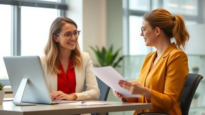 Two women in business attire sit at a desk in an office, smiling and discussing documents, with a laptop and a plant visible in the background.