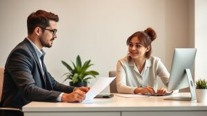 Two people sit at a desk in an office, one holding papers and the other typing on a desktop computer, with plants and office supplies nearby.