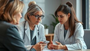Three female doctors in white coats sit at a table, looking at documents and a mobile phone, appearing focused and engaged in discussion.