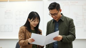 Two people stand in an office, looking at documents together. Whiteboards with charts and notes are visible in the background.