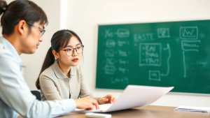 Two people sit at a table with a laptop, discussing documents, with a blackboard containing diagrams and text in the background.