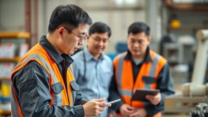 Three men, two in orange safety vests and one in a blue shirt, stand in an industrial setting using a smartphone and a tablet.