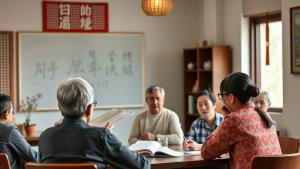 A group of older adults sits around a table in a classroom, discussing papers and books, with Chinese writing visible on the wall and whiteboard in the background.