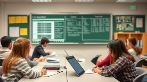 Students sit at desks in a classroom, working on assignments with laptops and papers, while facing a blackboard filled with charts and notes.