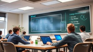 Students sit at desks with laptops in a classroom, looking at a large digital screen displaying a spreadsheet and notes at the front of the room.