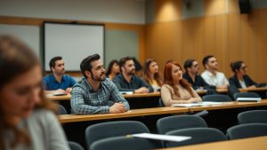 A group of adults sits at desks in a classroom, attentively facing forward with papers and pens in front of them. A blank projection screen is visible at the front of the room.