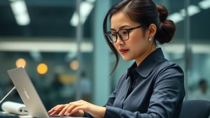 A woman wearing glasses and a dark shirt works on a laptop at a desk in a modern office setting with bright lighting.