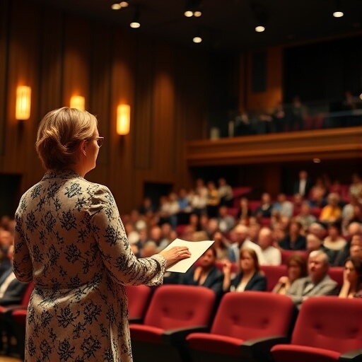 A person stands on stage holding papers, addressing an audience seated in red chairs inside a theatre or lecture hall.