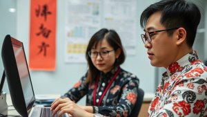 Two people wearing patterned shirts work at computers in an office, with charts and a red Chinese calligraphy banner visible in the background.