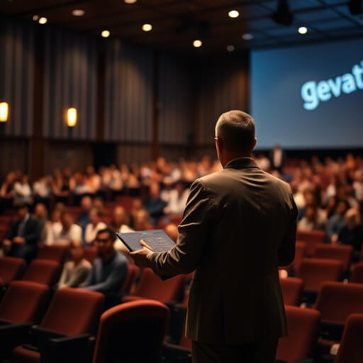 A man in a suit stands with a tablet, addressing an audience seated in a dimly lit auditorium. A large screen with partial text is visible in the background.