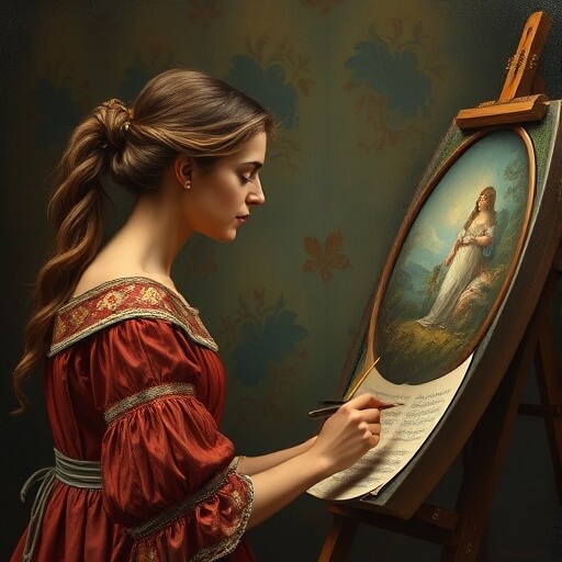 A woman in a red dress paints on a canvas at an easel, depicting a figure in nature. The setting appears historical with dim lighting and ornate décor.