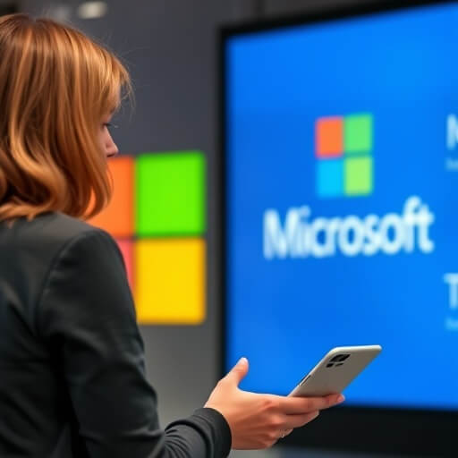 A person holding a mobile phone stands in front of a screen displaying the Microsoft logo in an office setting.