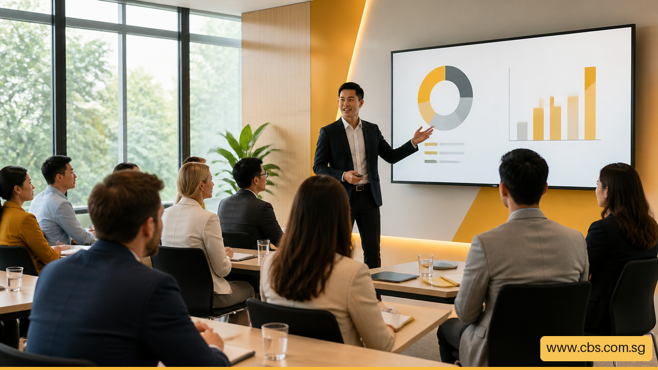 Business presenter delivering a visually clear presentation to engaged adult learners in a training room.