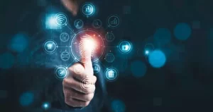 A person interacts with a virtual biometric fingerprint interface surrounded by digital icons representing various technologies and services.