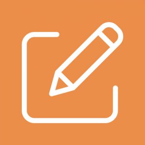 A pencil icon on an orange background.