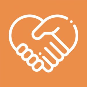 A handshake in the shape of a heart on an orange background.