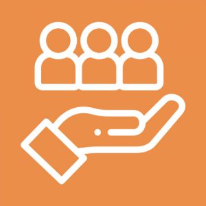 A hand holding a group of people on an orange background.