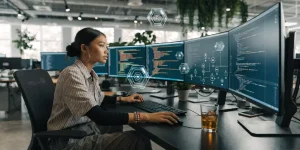 A person sits at a desk with three large monitors displaying code and diagrams in a modern office, with a drink and headphones nearby. Digital graphics overlay the monitors.