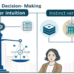 Decision Quality: Your Gut Is Not Your Strategy 303 Infographic showing executive decision-making contrasting logic over intuition and instinct versus data, with scales, icons for technology, and two business professionals.