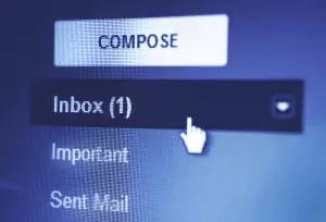 Close-up of an email interface showing "Inbox (1)" with a cursor pointing at it. The "Compose" option is visible above, and other categories like "Important" and "Sent Mail" are listed below.
