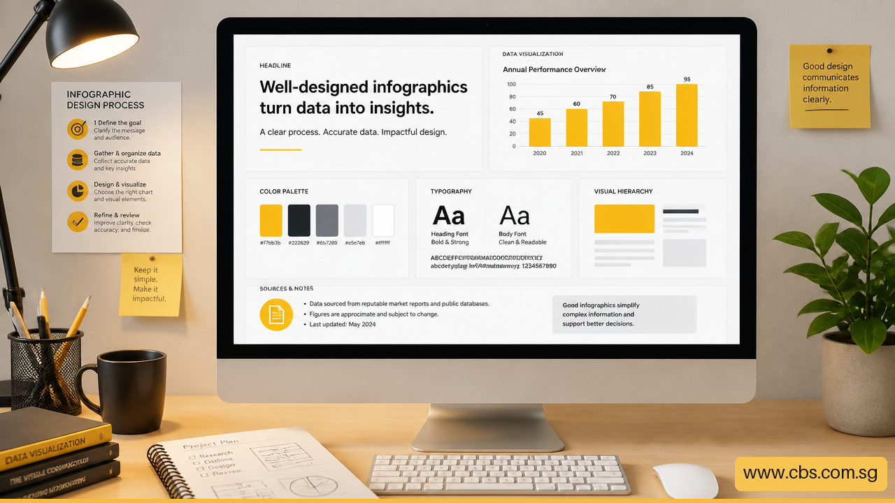 Designer planning an infographic with charts, colors, typography, and source notes.