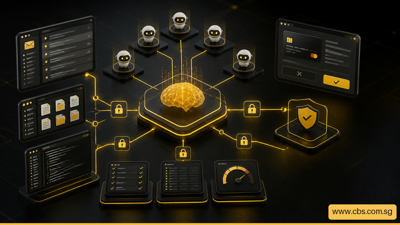 Diagram style illustration showing an AI agent connected to tools with approval gates, permissions, and security monitoring.