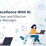 A woman types on a laptop while another woman and a man discuss data and messages on large screens in a modern office setting. Text reads: "Email Excellence With AI.