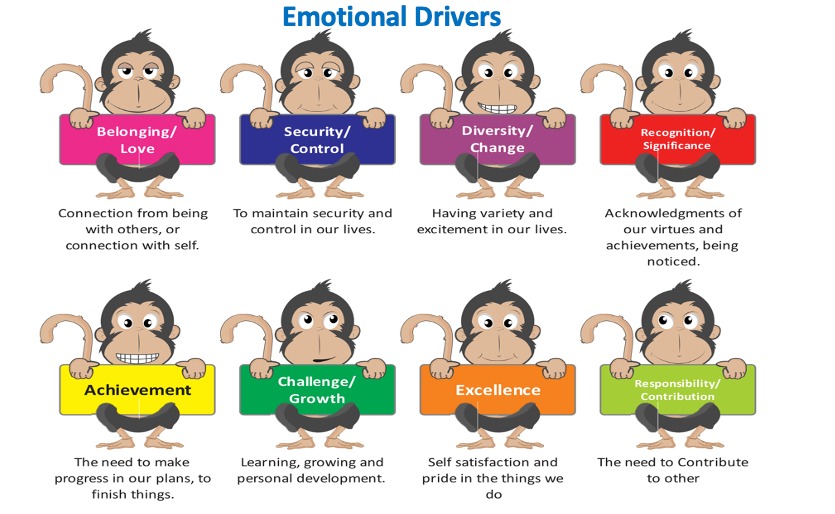 Illustration showing eight monkeys, each paired with a label and description of different emotional drivers like belonging, security, diversity, recognition, achievement, challenge/growth, excellence, and responsibility.