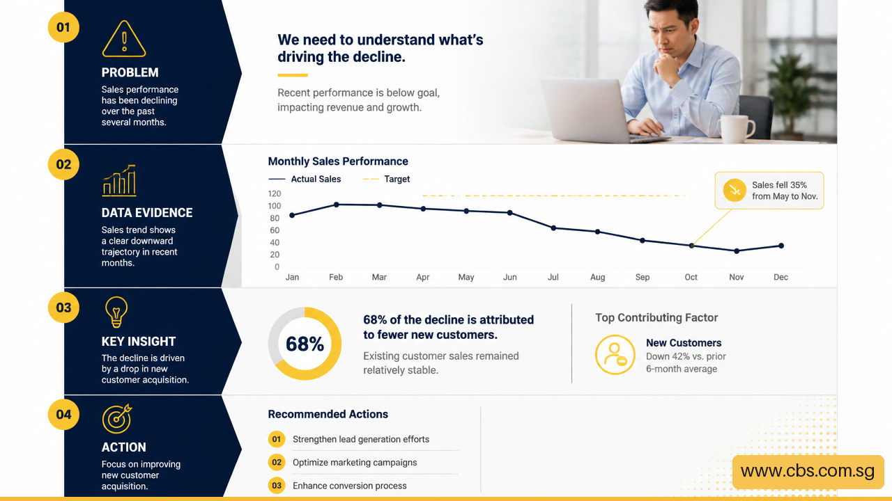 Example of a vertical infographic layout with context, data, insight, and action sections.