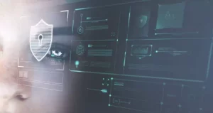 Close-up of a person's eye looking at a digital interface with security icons, graphs, and data elements.