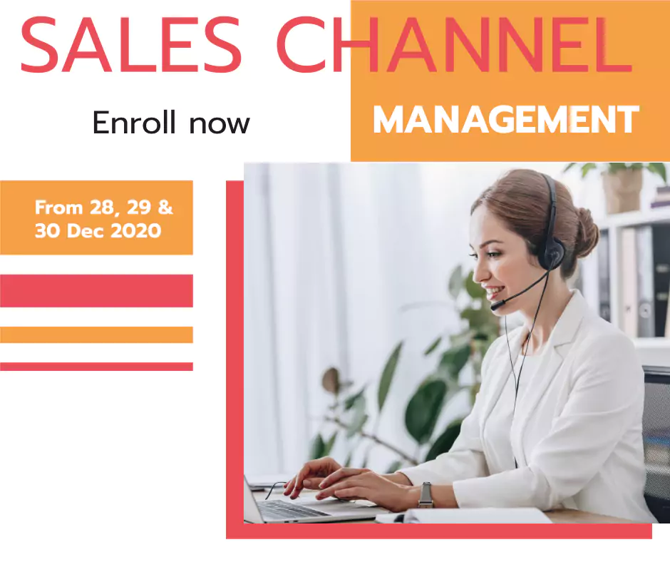 Woman in headset works at a computer. Text reads: "Sales Channel Management, Enroll now, From 28, 29 & 30 Dec 2020.