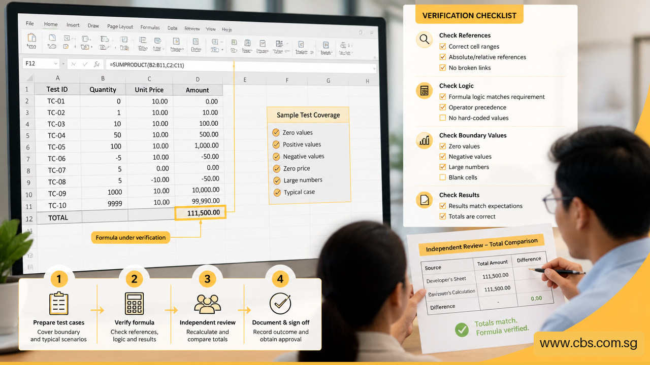 Illustration of reviewing an AI generated Excel formula with test data and verification checks.