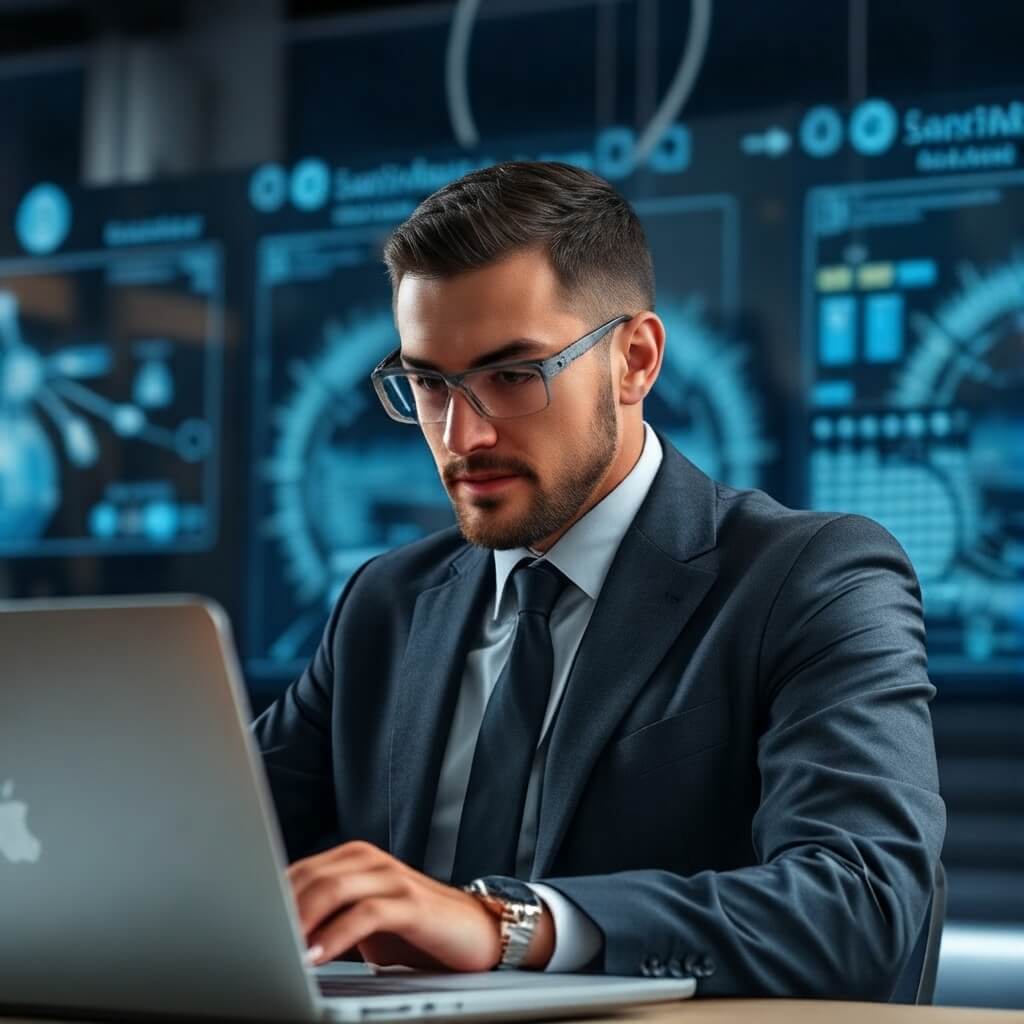 A man in a suit works on a laptop in an office with large digital data screens in the background displaying charts and technical graphics.