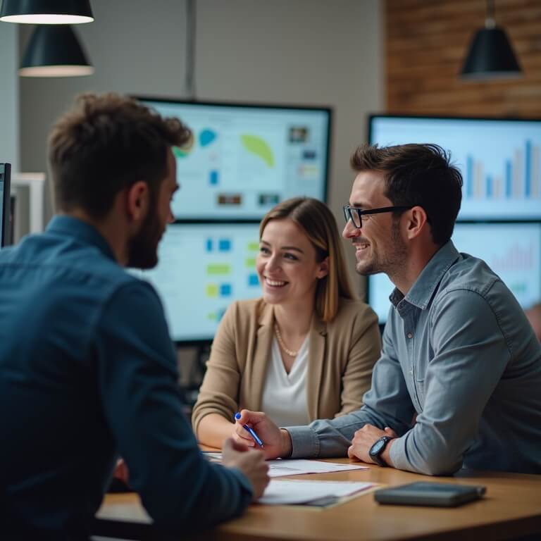 Three people sit at a desk in an office, discussing documents, with charts and graphs displayed on computer screens in the background.