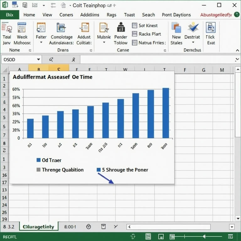 An Excel spreadsheet with a bar chart showing two data series, labelled “Od Traer” and “Threnge Quabition,” across months. Annotations and chart title contain typographical errors.