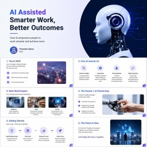 Presentation slide deck discussing AI-assisted work, including benefits, real-world impact, automation, human partnership, steps to get started, and a futuristic outlook, with related images and icons.