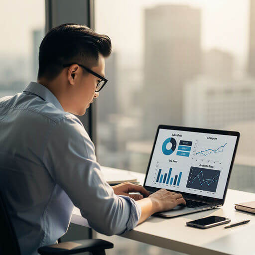 A man with glasses works at a desk in a modern office, analysing graphs and charts displayed on his laptop.
