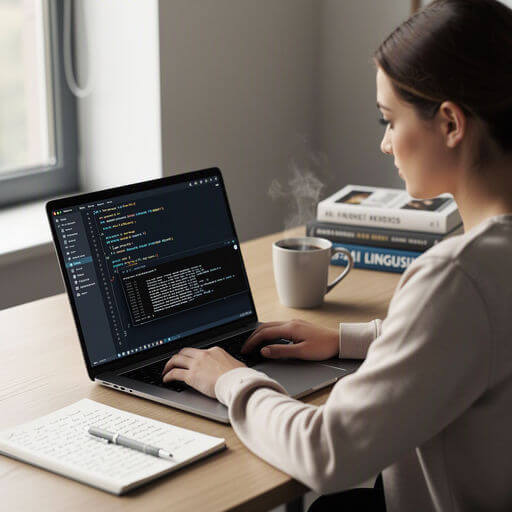 A person sits at a desk coding on a laptop, with a notebook, pen, and a steaming mug nearby. Two books are stacked in the background.