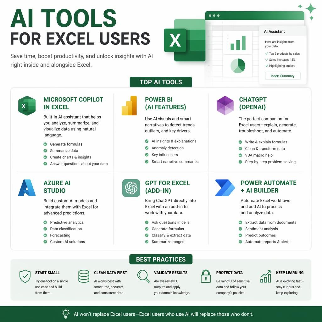 Infographic listing top AI tools for Excel users, including Microsoft Copilot, Power BI, ChatGPT, Azure AI Studio, GPT for Excel, and Power Automate, plus best practices.